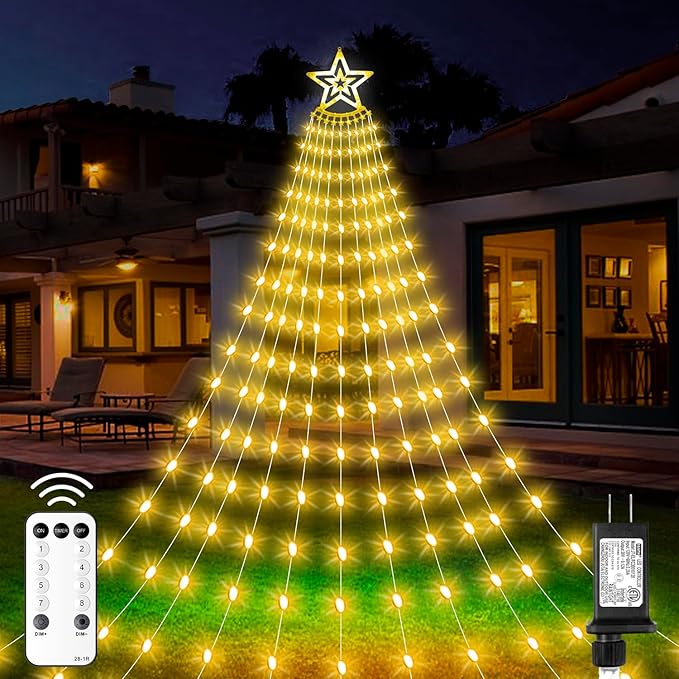 Christmas Decorations Star Lights Outdoor 23ft 11 Strand 818 LED Waterfall Tree Lights with 8 Modes Timer Remote Plug in Christmas Lights for Indoor Yard Patio Home Holiday Party Decor Warm White