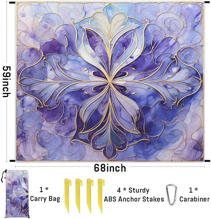 Waterproof Sandproof Beach Blanket 59''×68'' Floral Marbling Polyester Outdoor Picnic Blanket with 4 Stakes &amp Storage Bag for BeachCampingVacation Light Purple