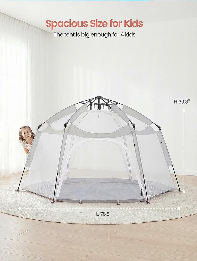 Portable Large Kids Beach Tent Shelter with Canopy UV Cover Indoor Outdoor Camping Tentwith Thick Removable Floor for Sleeping Or Beach Shelter (Light Grey)