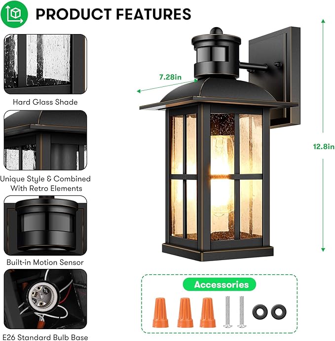 13in Motion Sensor Porch Light Anti-Rust 100% Aluminum Dusk to Dawn Outdoor Light Fixtures Exterior Wall Lantern Sconce Lighting Matte Black Outside Lights for House Wall Mount for Entryway Garage