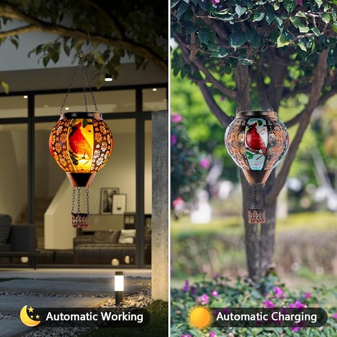 DREAMSOUL Cardinal Hot Air Balloon Solar Lantern Metal Solar Lantern with Flickering Flame Solar Lanterns Outdoor Waterproof for Lawn Patio Decor