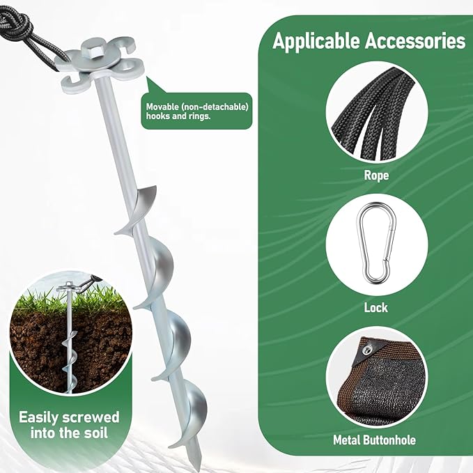 Ground Anchors Screw in – 8 Pack Spiral Tent Stakes heavy duty with Drill Socket &amp T-Handle 12 Inch Trampoline Anchor with Hook &amp Ring Design for Tents Sheds Canopies Swing Sets Gazebo(8)