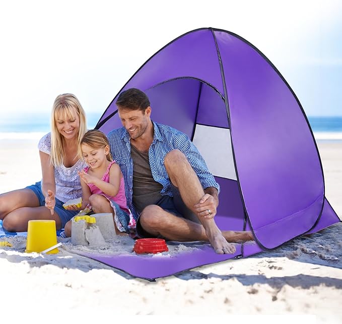Pop Up Beach Tent Sun Shade Shelter Anti-UV Automatic Beach Tent Canopy for 2-3 People with Net Window Carry Bag for Park Camping (Purple)