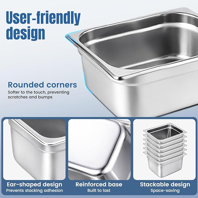 6 Pack 1/6 Size Steam Table Pans 4” Deep Anti-Jam Stainless Steel Hotel Pans Food Prep Pans for Restaurant Buffet Catering Hotel Dishwasher Safe