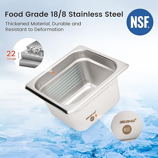 6 Pack Hotel Pans 1/6 Size 4 Deep NSF Commercial Stainless Steel Pan Steam Table Pan Catering Food Pans