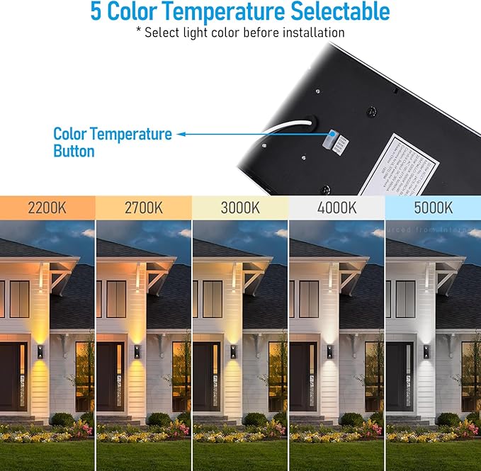 LEONLITE 5CCT Dimmable LED Up Down Wall Light 100-277V CRI 90+ IP65 Waterproof 10%-100% Dimmable for Commercial Outdoor 14 Inch Modern Porch Light 2200K/2700K/3000K/4000K/5000K Pack of 2