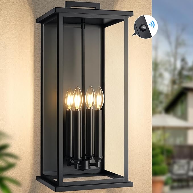 Dusk To Dawn Extra Large Outdoor Wall Lantern-4 LightOutdoor Wall Light Fixtures For Patio PorchBlack Exterior Wall SconceWaterproof Outside Garage LightsE12 Base1 Pack24H*10.2L*9.8W