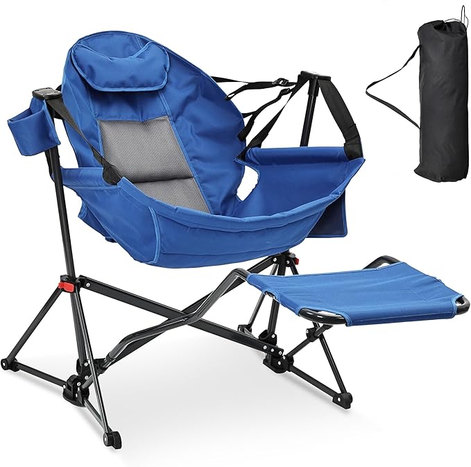 Ainfox Hammock Camping Chair with Footrest Foldable Portable Rocking Chairs for Adults Outside Swinging Camp with Cup Holder Pillow for Outdoor Patio Poolside (Blue)
