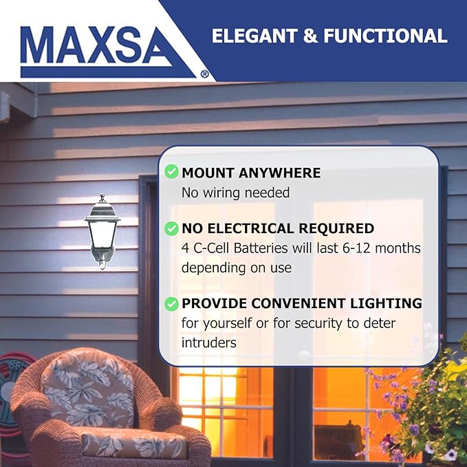 Maxsa 44219 Premium Wireless Battery-Powered Motion-Activated Decorative Outdoor Wall Sconce Lighting Fixture Cool White LED Metal Housing Black