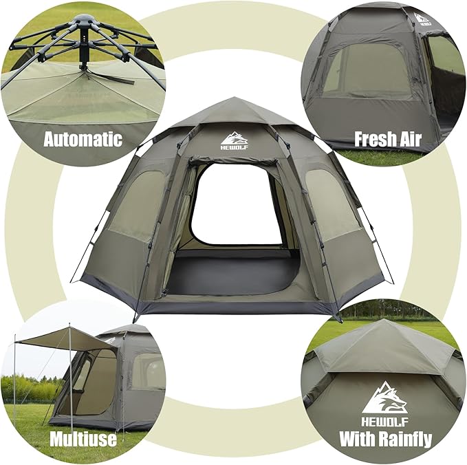 Hewolf 2/3/4 Person Camping Tent - Instant Pop Up Waterproof 2 Doors Tent with Easy Setup | 3-Season Hexagonal Dome Design for Family Hiking &amp Traveling