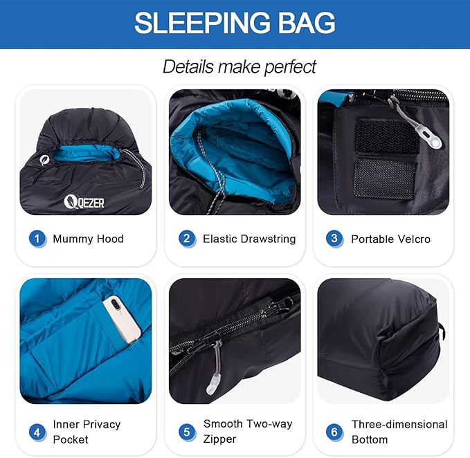 0°F Cold Weather Sleeping Bag for Adults Lightweight Backpacking Bag with Down Booties for Men and Women Keep Warm