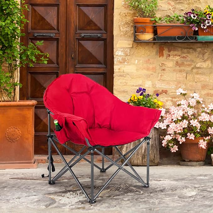 HIGH POINT SPORTS Padded Oversized Folding Camping Chair Portable Moon Saucer Chair Round Outdoor Chair with Cup Holder and Carry Bag for Adults Hiking Camping Fishing Red