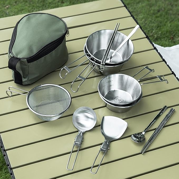 Stainless Steel Camping Tableware Kit with Bowls Strainer Spatula Spoon Chopsticks Storage Bag for Hiking Picnic