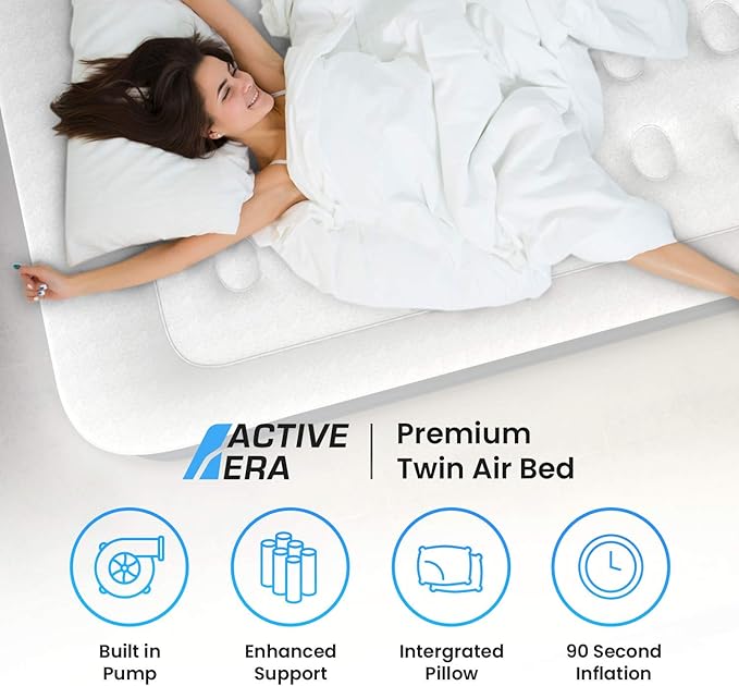 Active Era 20 Twin Air Mattress with Built-in Pump &amp Raised Pillow - Heavy Duty Puncture Resistant Waterproof Blow Up Bed (Pack of 2)
