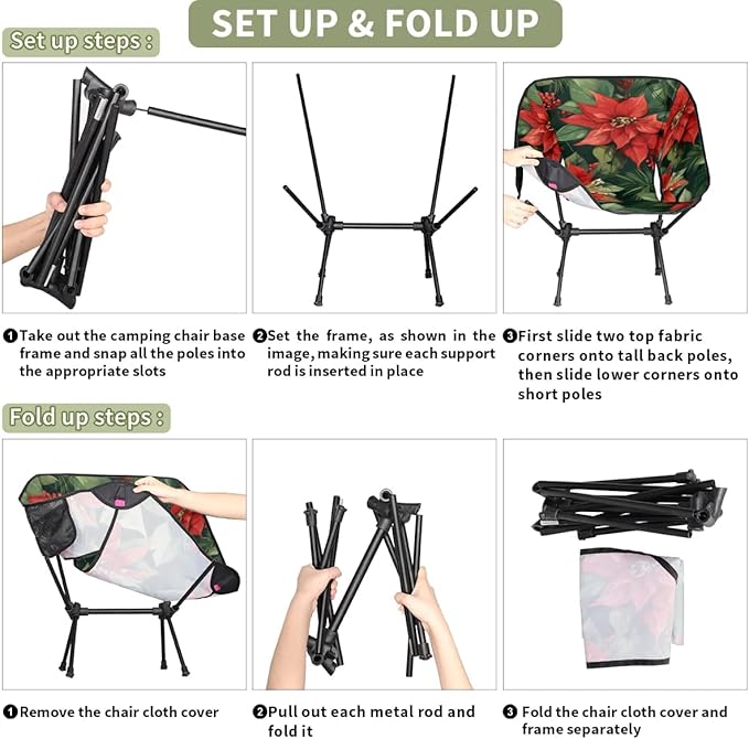 Portable Camping Chair Holly Berry Flowers Ultralight Folding Camping Chair Christmas Flowers Backpacking Hiking Chair with Cup Holder for Outdoor Travel Beach Picnic Festival 176 lbs Capacity