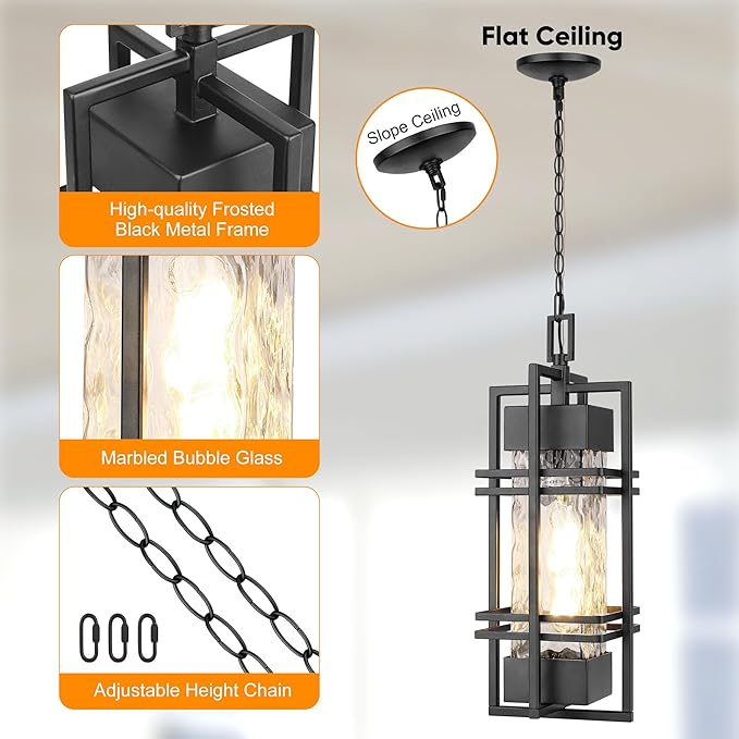 WIHTU Large Outdoor Pendant Light Fixture Modern Hanging Lantern Ceiling Mount Anit-Rust Waterproof Chandelier Lighting Exterior with Stone Bubble Glass for Porch Garage Gazebo Patio