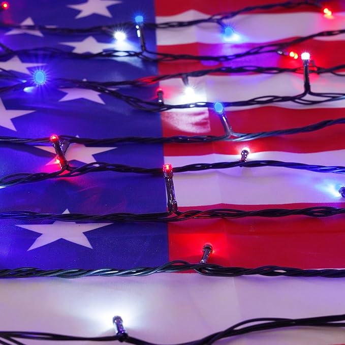4th of July 95FT 240LED Red White and Blue String Lights Extra-Long Connectable Led Twinkle Lights Waterproof with 8 Modes Memory Independence Day Decoration