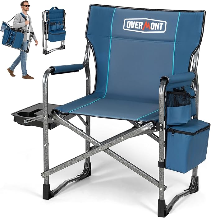 Overmont Oversized Lightweight Camping Chair - Portable Comfortable Heavy Duty Foldable Directors Chairs with Side Table &amp Cooler Bag for Outside Camp Beach Picnic Lawn and Fishing Supports 400lbs