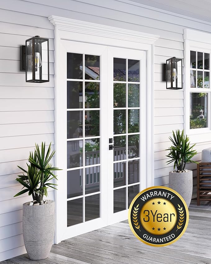 VIANIS Outdoor Wall Lights Dusk to Dawn Large Exterior Light Fixture Wall Mount for House Front Porch Light Black Anti-Rust Modern Outside Wall Sconces with Tempered Glass Shade for Garage