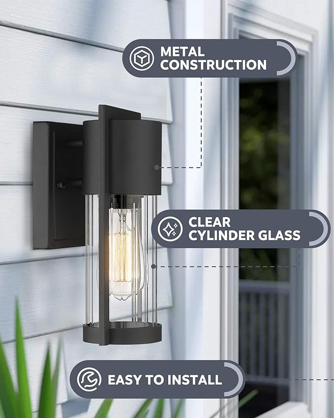 Outdoor Wall Lights 2 Pack Black Exterior Lighting Fixtures Outdoor Waterproof Wall Mount Lantern with Glass Modern Outside Wall Sconce for House Porch Garage Doorway 2254/1W-2PK