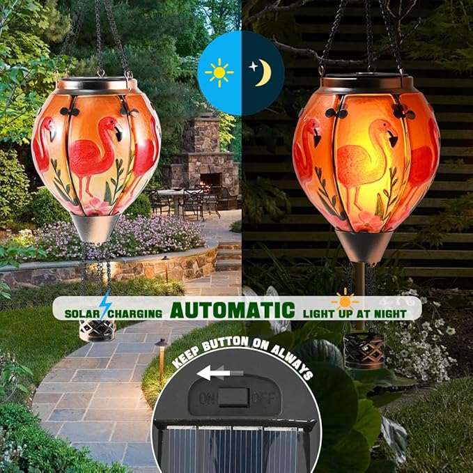 Hot Air Balloon Solar Lantern - Flamingo Stained Glass Lantern Simulated Flickering &amp Dancing Flame Outdoor Hanging Yard Light Waterproof IP65 for Patio Lawn Porch Decor Gift