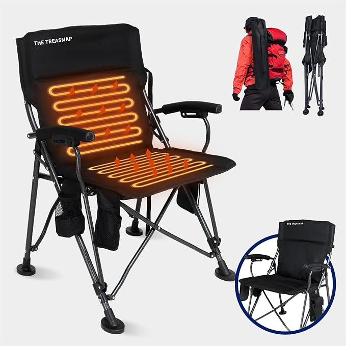 Heated Camping Chairs Adults Folding: Oversized Foldable Outdoor Chair for Outsides with Cup Holder – Heavy Duty Heating Portable Chair Sports Fishing Soccer Lawn Battery NOT Included (Black X Large)
