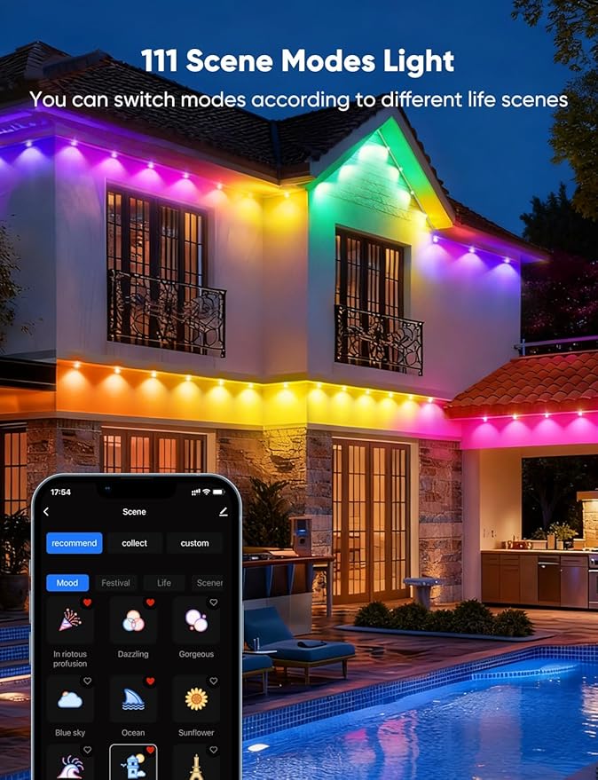 APPECK Permanent Outdoor Lights 400ft with 288 LED Lights 144W Smart RGBW Eaves LightsDC 36V 40LM IP67 Waterproof String Lights for Christams Party Decor Compatible with Alexa Black
