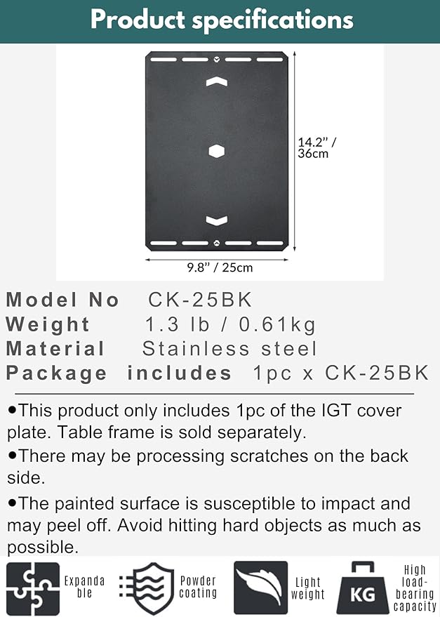 camping moon Cover Plate for Flat Burner IGT Top Plate Bridge Table Lid Stainless Steel Black CK-25BK