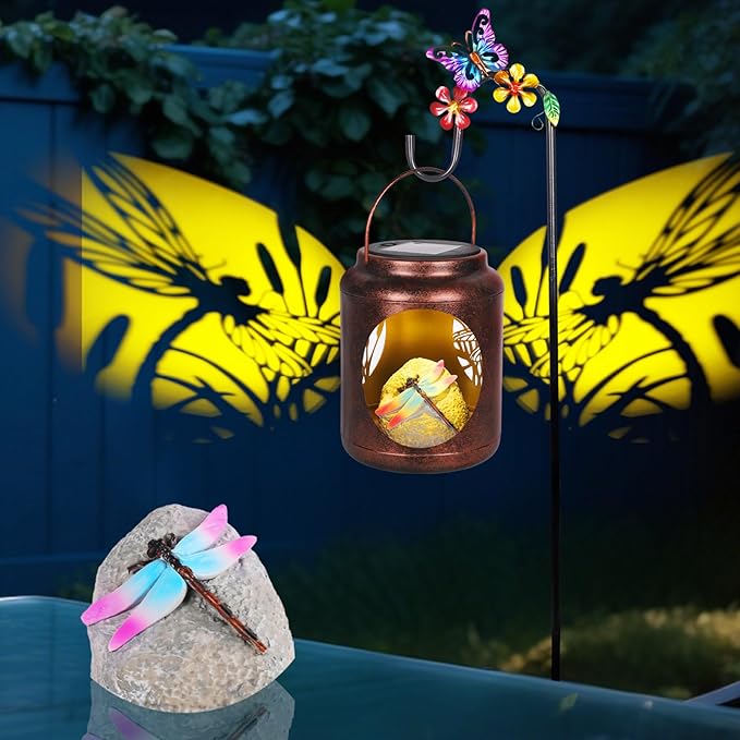 Dragonfly Patterns Metal Solar Lantern with Resin Dragonfly InsideOutdoor Garden Decor with Shepherds Hook for Yard Patio Backyard PorchGifts for Mom Women Grandma