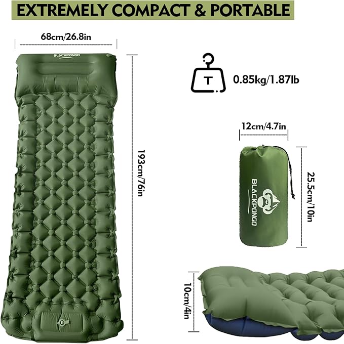 Camping Sleeping Pad Ultralight Camping Mat with Pillow Built-in Foot Pump Inflatable Sleeping Pads Compact for Camping Backpacking Hiking Traveling Tent (Green Single)