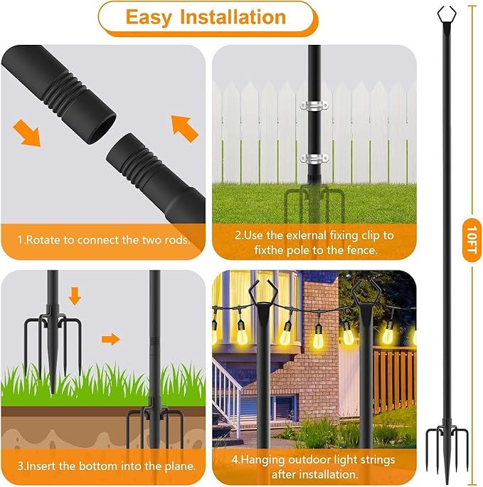 10Ft String Light Poles 6 PackLight Poles for Outside LightsOutdoor with Fence Brackets Hanging LightsMetal Stand Deck Patio Backyard