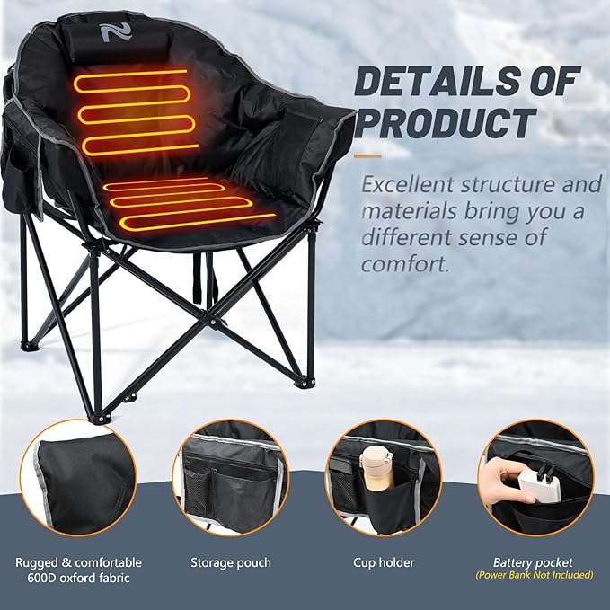 LILYPELLE Oversized Heated Camping Chair Patio Lounge Chairs with 3 Heat Levels Portable Folding Heated Chair Round Moon Saucer Folding Lawn Chair Outdoor Chair for Camping Lounge Patio