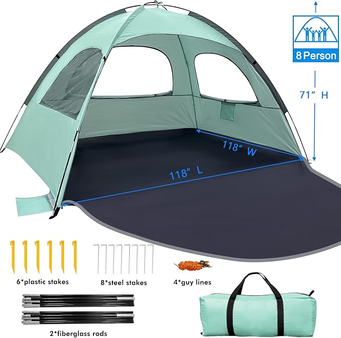 WhiteFang Beach Tent Anti-UV Portable Sun Shade Shelter for 3/4/6/8 Person Extendable Floor with 3 Ventilating Mesh Windows Plus Carrying Bag Stakes and Guy Lines
