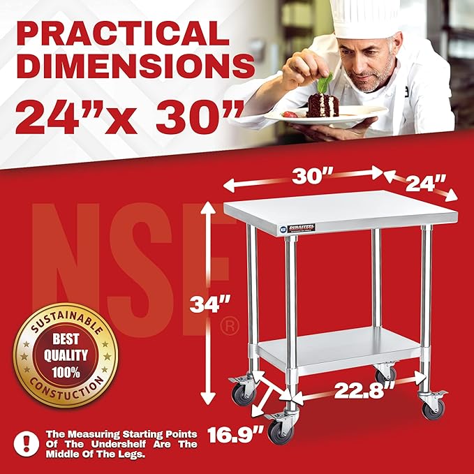 DuraSteel 24x30 NSF Stainless Steel Cart Work Table - Heavy Duty Rolling Food Prep Table Countertop Island - Metal Utility Cart on Wheels Caster Grill Stand Storage Outdoor Kitchen Tables Bar Top