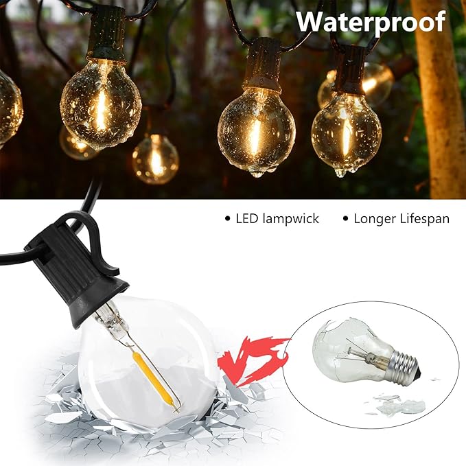 100ft Outdoor String Lights Waterproof Patio LightsShatterproof Led Outside Globes UL Listed Exterior Indoor Lighting Backyard Bistro Party