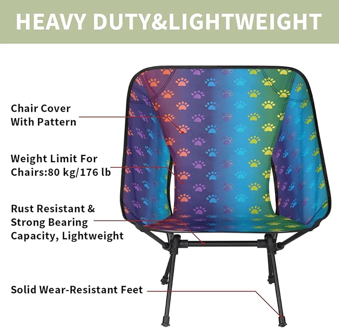 Honeybaby Folding Camping Chair Rainbow Paw Print Camping Chairs Lightweight Portable Chair Outdoor Foldable Chairs for Camping Travel Picnic Beach Hiking