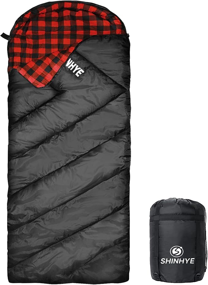 ShinHye 0 Degree Sleeping Bag for Adults - Cotton Flannel 4 Season Cold Weather Winter XXL Big and Tall Camping Sleeping Bag with Compression Sack