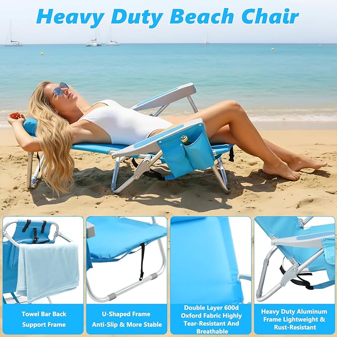 2 Pack Backpack Beach Chairs for Adults Heavy Duty Compact Portable Lay Flat Folding Chair with Backpack Straps and Pocket 5 Positions Aluminum Reclining Chair for Patio OutdoorSupport to 300LBS