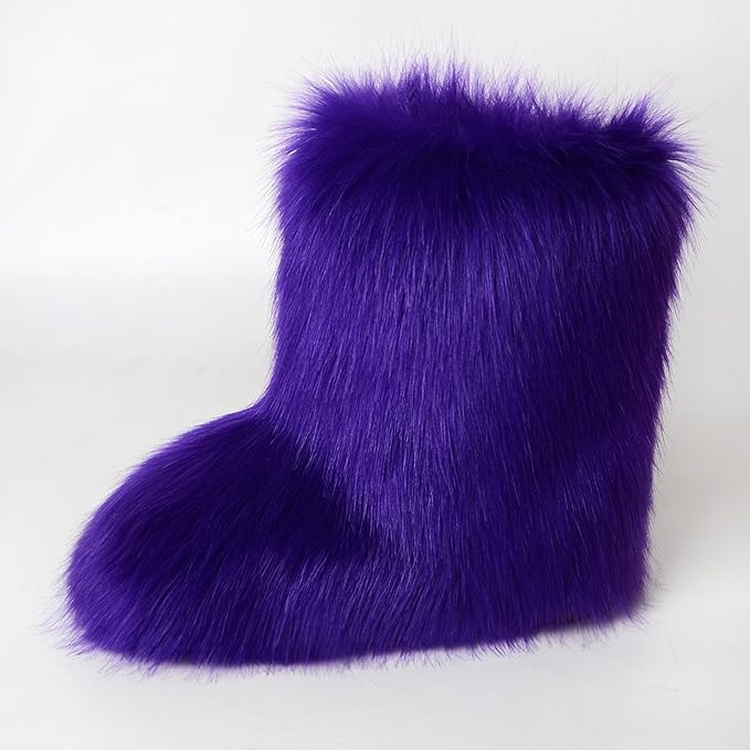 Womens Furry Faux Fur Booties Winter Warm Snow Ankle Boots Fuzzy Fluffy Furry Mid Calf Boots Outdoor Comfy Flat Shoes