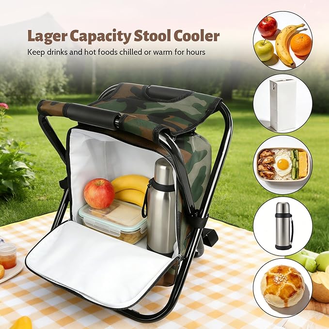 Folding Camping Chair Stool Backpack with Cooler Insulated Picnic Bag Portable Hunting Fishing Multifunction Chair for Outdoors Hiking Hunting Travel (Camouflage)