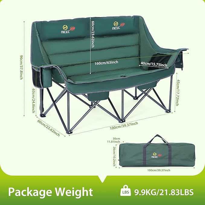 Nice C Heated Camping Chair with Battery Heated Double Camping Couch Oversized Thick Padded Loveseat Heated Camping Chair for Adults with Cooler Bag Bottle Opener Power Bank (Green)