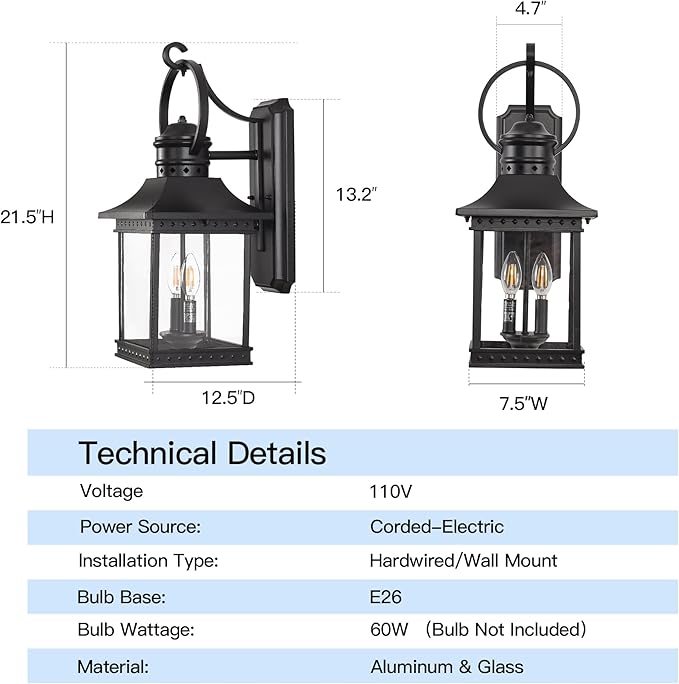 Outdoor Lanterns 21.5 H Large Exterior Sconce Lights 2-Light Black Outdoor Wall Light Fixtures with Clear Glass for Porch Patio Farmhouse