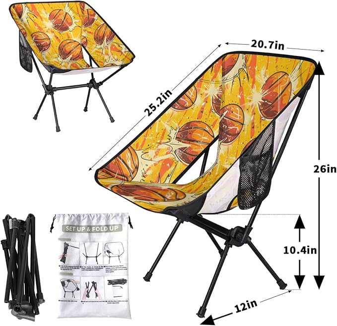Honeybaby Folding Camping Chair Basketballs Themed Camping Chairs Lightweight Portable Chair Outdoor Foldable Chairs for Camping Travel Picnic Beach Hiking