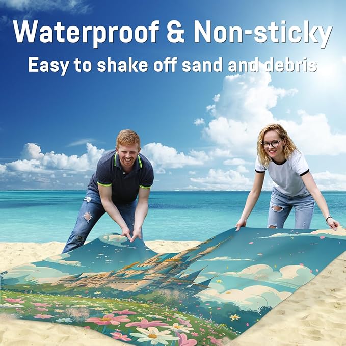 Waterproof Sandproof Beach Blanket 59''×68'' Landscape Polyester Outdoor Picnic Blanket with 4 Stakes &amp Storage Bag for BeachCampingVacation Castle