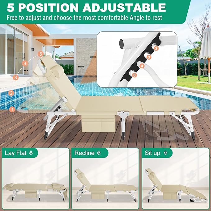 LILYPELLE Portable Folding Camping Cot Adjustable 5-Position Face Down Folding Chaise Lounge Chairs Outdoor Portable Folding Bed Sleeping Cot for Camping Pool Beach Patio
