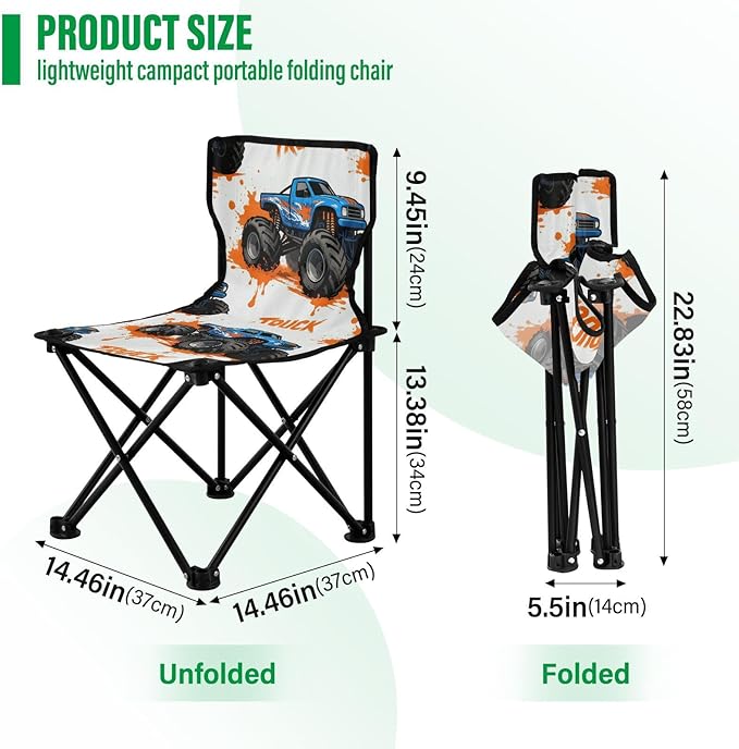 Compact Camping Chair Monsters Truck Pattern Packable Backpacking Ultra Lightweight Includes Carry Bag Lawn Chairs for Outside