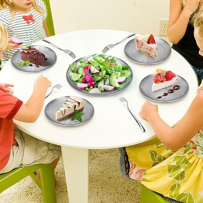 Metal Camping Plates 6 Pack 9.1 inch 304(18/8) Stainless Steel Plates Reusable Pizza Food Serving Snack Eating Salad Dishes Round Shatterproof Plate Silver Dinnerware Dinner Oven Safe