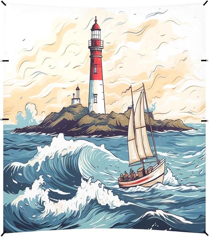 Camping Sun Shelters Sailboat in The Sea Wave and Lighthouse Beach Canopy 126 * 110.2in