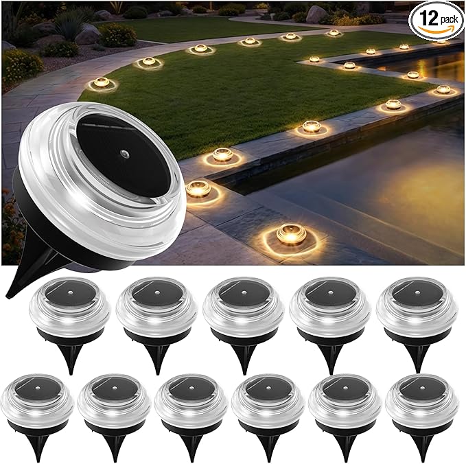 Solar Driveway Lights Outdoor 12PK - IP67 Waterproof Solar Ground Lights Pathway Lights Solar Powered Outdoor Solar Lights for Yard Landscape Lighting for Patio Garden Backyard Decor(Warm White)