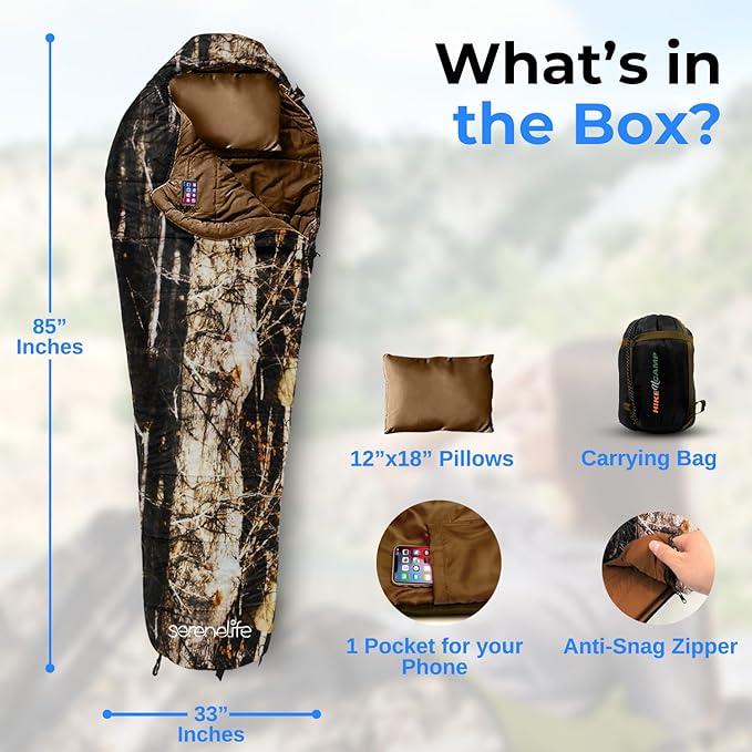 SereneLife Backpacking Sleeping Bag Camping Gear Mummy Sleeping Bag For Adults/Teens w/ Pillow and Bag - Outdoor Lightweight Weather Proof Sleeping Bag for Camping Hiking Traveling Real Tree